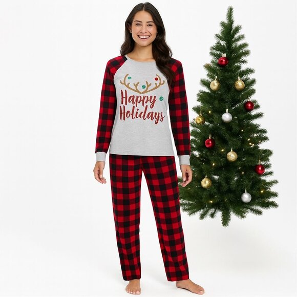 Happy Holidays Pajama Set 1X Buffalo Plaid Christmas Lounge Cozy Soft Winter - Picture 4 of 10